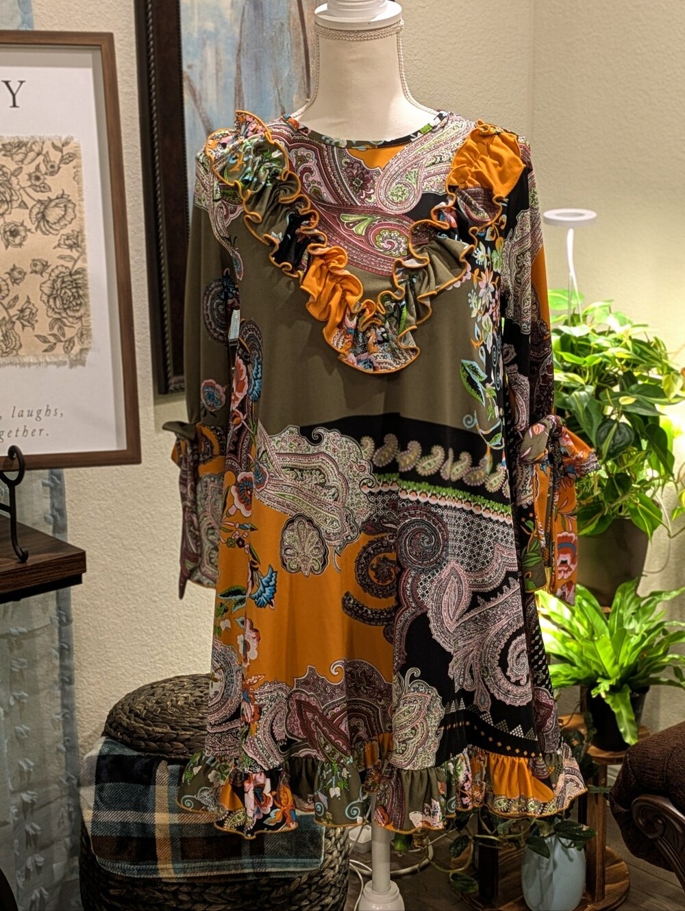 Paisley Ruffle Long-Sleeve Top - Olive & Mustard